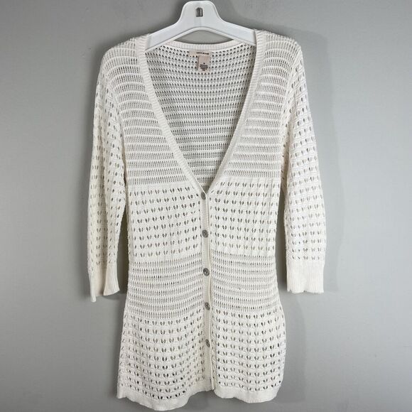 DKNY Women M Open Knit Cardigan Crochet Buttoned Sweater V-Neck 3/4 Sleeve Cream - Picture 1 of 12